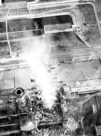 Chernobyl burning aerial view of core