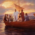 Jesús en la barca con los apóstoles.